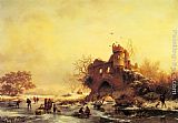 Winter Landscape with Skaters on a Frozen River beside Castle Ruins by Frederik Marianus Kruseman